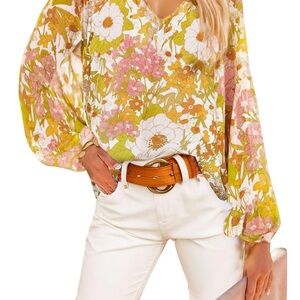 Boho Floral V-Neck Balloon Sleeve Blouse in White, Pink & Green